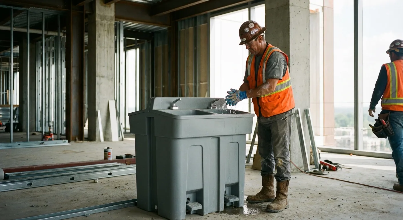 A dual-basin hand wash station positioned on a concrete floor of a high-rise construction site with the city skyline visible through open steel framing. in Lewisville, TX