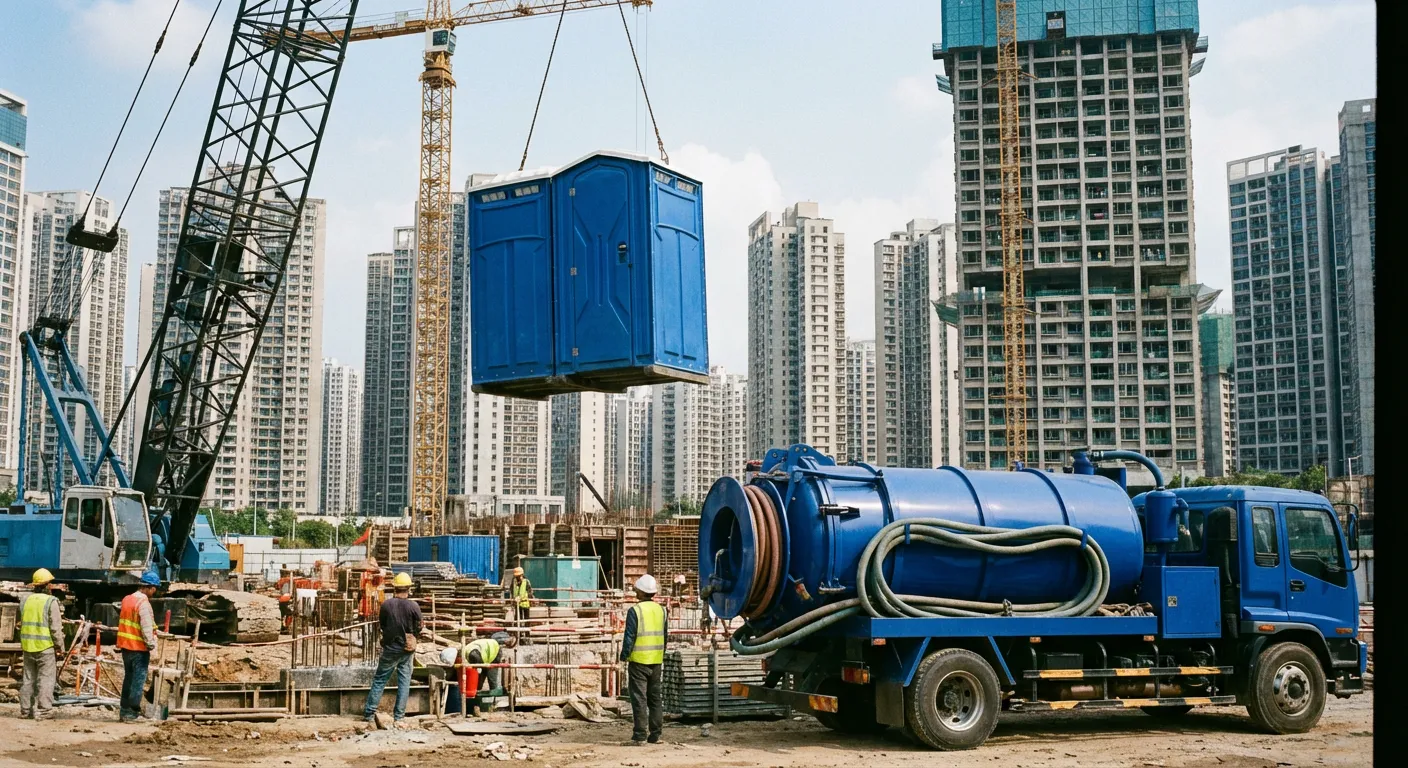 A High-Rise Crane Liftable Toilet unit suspended in mid-air by a crane against a city skyline during the day, showcasing the steel sling attachment. in Lewisville, TX