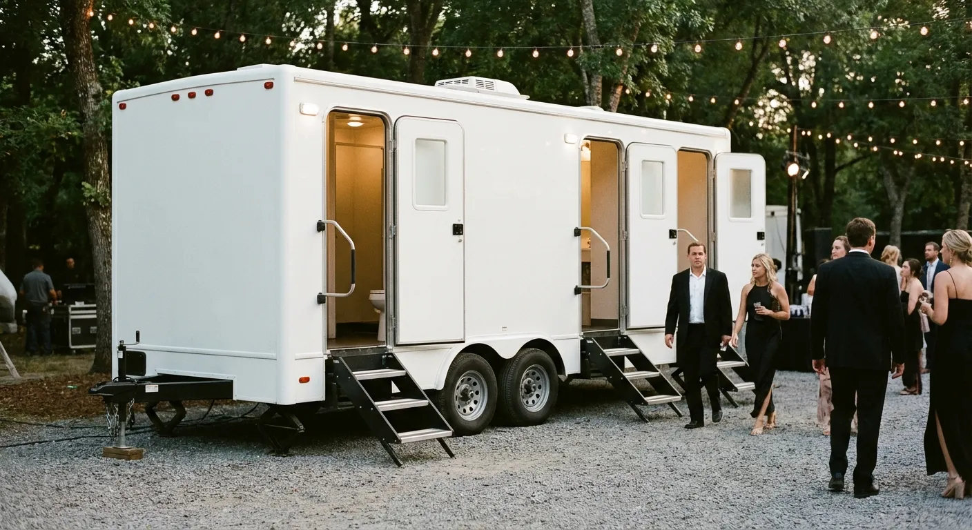 Exterior of a Luxury Restroom Trailer at an evening event, warm lighting spilling from the door, positioned discreetly near a manicured lawn. in Lewisville, TX