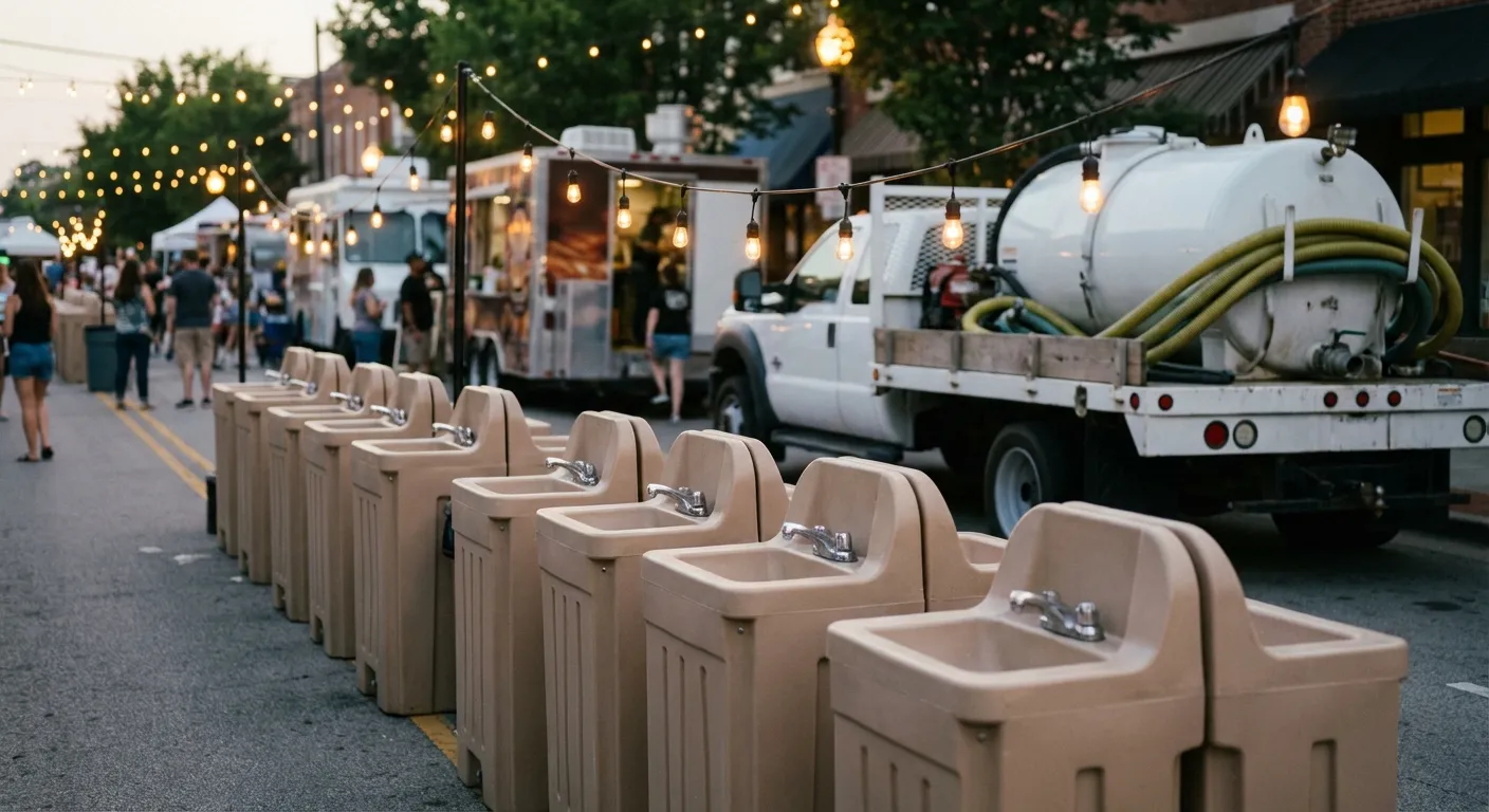 A row of clean, grey portable hand wash stations set up on pavement near food trucks, with blurred festival lights and crowd in the background. in Lewisville, TX