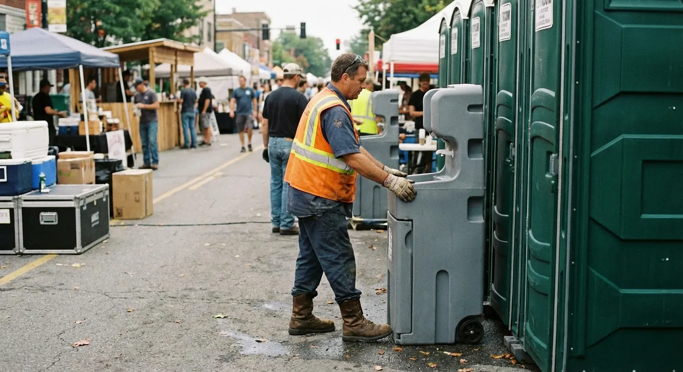 A row of pristine Special Event Portable Restrooms and hand wash stations lined up along a festival barrier with blurred crowds in the background. in Lewisville, TX