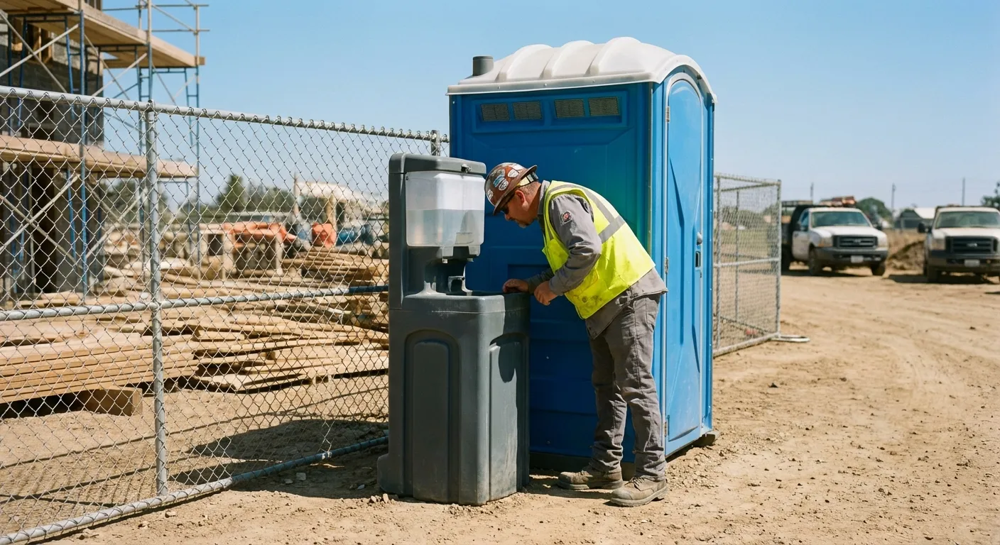 A close-up view of a portable hand wash station next to a portable toilet on a dirt construction site, focusing on the foot pump mechanism. in Lewisville, TX