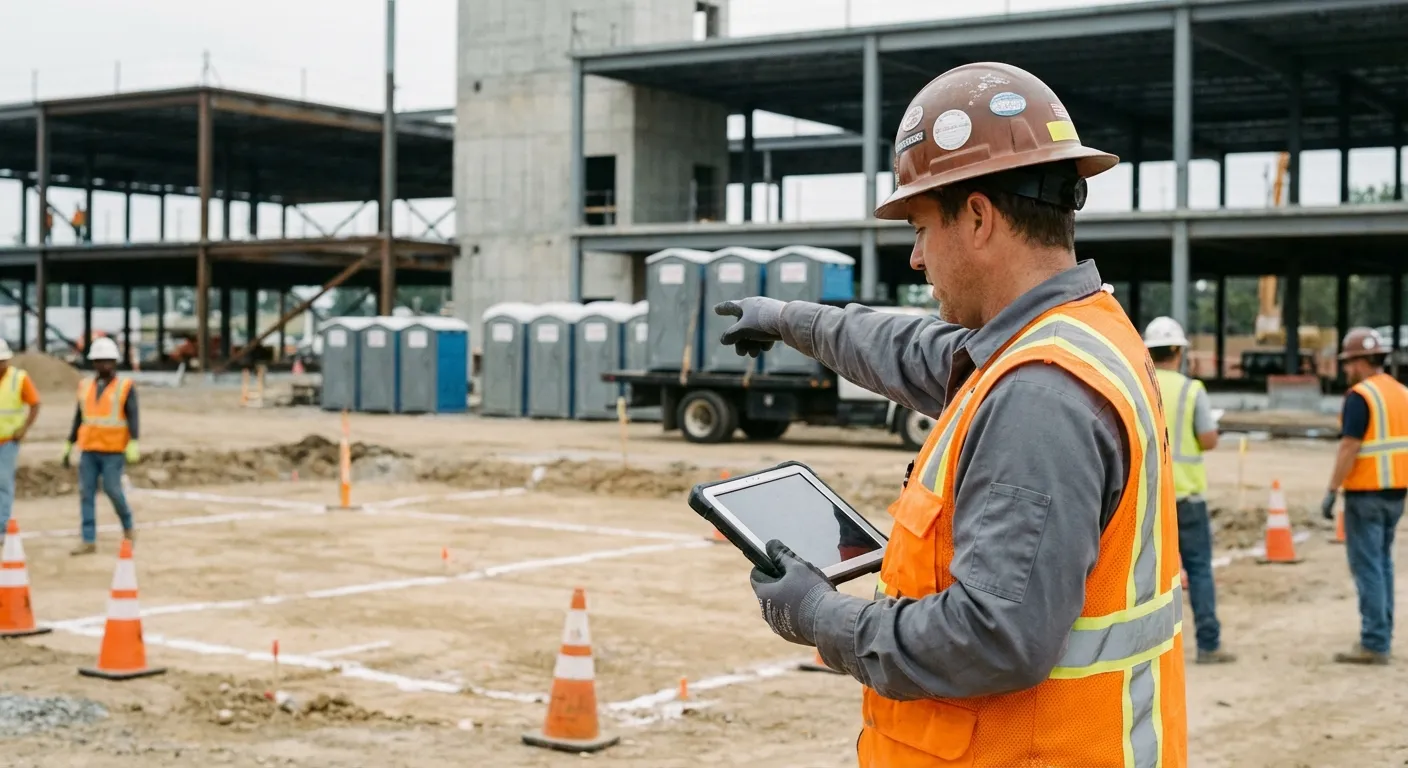 Construction site portable toilet placement planning in Lewisville, TX
