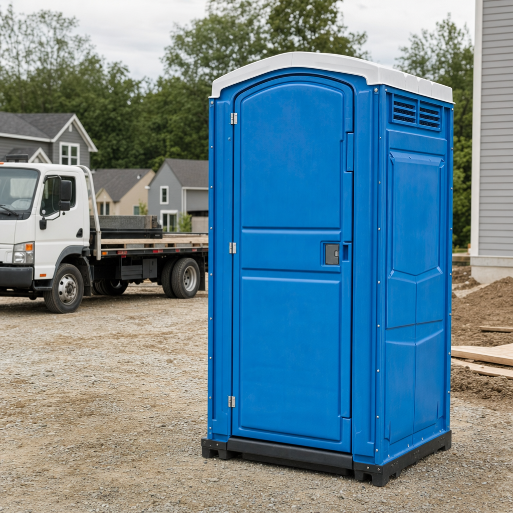 Delivery driver positioning a clean royal-blue portable toilet on level ground at a Lewisville worksite