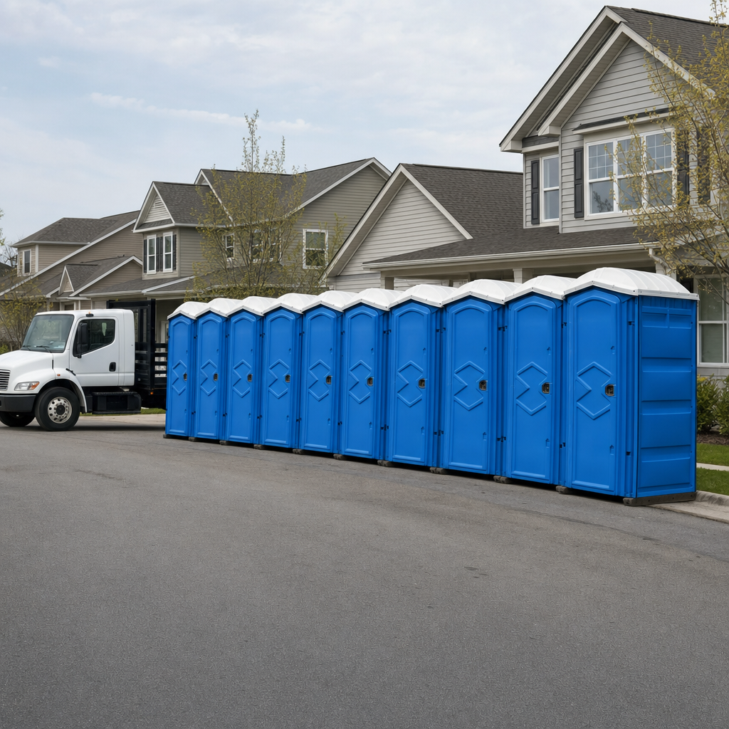 Royal blue portable toilets staged in a tidy row at a Lewisville jobsite, ready for delivery